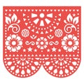 Papel Picado red vector floral design with abstract shapes, retro Mexican paper cutout pattern, traditional fiesta banner - greeti