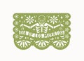 Mexican papel picado with perforated pattern of skeleton and flowers. Traditional folk pecked paper flag for Mexico