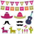 Mexican party decoration and photo booth props vector set Royalty Free Stock Photo