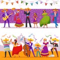Mexican party people vector illustrations, characters play music and dance, fiesta band party set