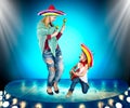 Mexican party. A small boy in a sombrero plays the guitar and sings a serenade for his mother.