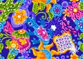 Mexican pattern with cute naive art items. Royalty Free Stock Photo