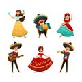 Mexican People in Colorful Traditional Clothing Celebrating National Holiday Cinco de Mayo Vector Set Royalty Free Stock Photo