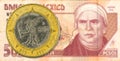 20 mexican peso coin against 50 mexican peso bank note obverse