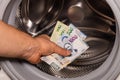 Mexican pesos being thrown into the washing machine, Concept, Money laundering, illegal activity, black market, Criminal activity