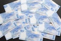 Mexican 500 pesos pile of blue bucks scattered back side Royalty Free Stock Photo