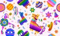 Mexican pinata pattern. Birthday donkey toy with bright confetti. greeting background for spanish party. Decor textile Royalty Free Stock Photo
