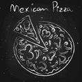 Mexican pizza, drawn in chalk on a blackboard