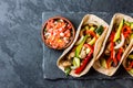 Mexican pork tacos with vegetables. Top view Royalty Free Stock Photo