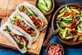 Mexican pork tacos with vegetables. Top view Royalty Free Stock Photo