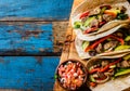 Mexican pork tacos with vegetables. Top view Royalty Free Stock Photo