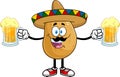 Mexican Potato Cartoon Character With Sombrero With Two Mugs Of Beer