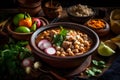 Mexican pozole featuring tender chunks of pork, hominy, flavorful broth, garnished with fresh toppings. AI generated