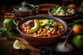 Mexican pozole featuring tender chunks of pork, hominy, flavorful broth, garnished with fresh toppings. AI generated