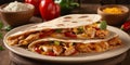 Mexican quesadilla with chicken, cheese, and peppers on wooden table