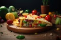 Mexican quesadilla with fruits and vegetables on wooden table