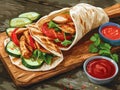 Mexican quesadilla with grilled chicken, vegetables and sauce on wooden board vector illustration Generative AI