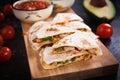 Mexican quesadilla, tortilla filled with cheese, meat and vegetables