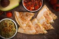 Mexican quesadilla, tortilla filled with cheese, meat and vegetables