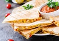 Quesadilla wrap with chicken, corn and sweet pepper and tomato sauce Royalty Free Stock Photo