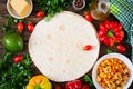 Mexican Quesadilla wrap with chicken, corn and sweet pepper and tomato sauce. Royalty Free Stock Photo