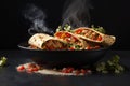 Mexican Quesadilla wrap with chicken sweet pepper sour cream and salsa hot with steam smoke on black background Royalty Free Stock Photo