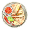 Mexican quesadillas with cheese, vegetables and salsa. Watercolor illustration