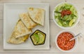 Mexican quesadillas with chicken, green beans salsa and salad Royalty Free Stock Photo