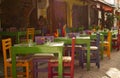 Mexican restaurant with colourful chairs, a typical Mexican style