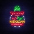 Mexican restaurant is a neon sign. Bright glow sign, neon banner, luminous logo, symbol, nightly advertisement of Royalty Free Stock Photo