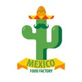 Mexican restaurant vector icon template of cactus in sombrero hat