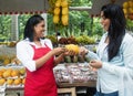 Mexican saleswoman speaking with client on a farmers market Royalty Free Stock Photo