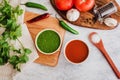 Mexican Salsas red and green sauce, spicy hot chili food and ingredients in Mexico Royalty Free Stock Photo