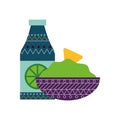Mexican sauce bottle and guacamole bowl flat style icon vector design