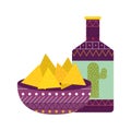 Mexican sauce bottle and nachos bowl flat style icon vector design