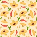 Mexican seamless pattern. Cactus, chili jalapeno pepper and sombrero with maraca repeat background. Hats of mariachi musicians Royalty Free Stock Photo