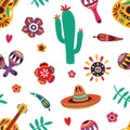 Mexican seamless pattern with traditional Mariachi sombrero, guitar, maracas, cactus, pepper, flowers on white