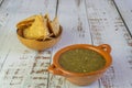 Mexican Serrano Chili Green Sauce with Tortilla Chips