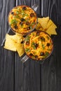 Mexican seven layer dip salad served with chips close-up. vertical top view
