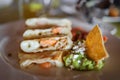 Mexican shrimp Quesadilla dish with shallow depth of field