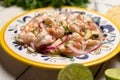 Mexican shrimp raw aguachile on white background