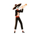 Mexican skeleton in sombrero hat playing music on trumpet. Man in Mariachi character costume for El Dia de los Muertos Royalty Free Stock Photo