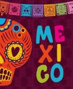 Mexican skull with banner pennant on purple background vector design