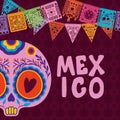 Mexican skull with banner pennant on purple background vector design