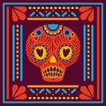 Mexican skull in frame on purple background vector design