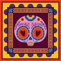 Mexican skull in frame on purple background vector design