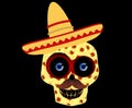 Mexican skull mustache with hat on black background. Illustration design.