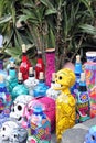 Mexican skulls skeleton bottle, masks of animals, dias de los muertos day of the death dead