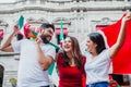 Mexican soccer fans with mexican flag celebrating outdoors in Mexico Royalty Free Stock Photo