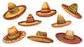 Mexican sombrero hats. Cartoon sombreros, traditional festival head accessories. Isolated mexico style party hat Royalty Free Stock Photo